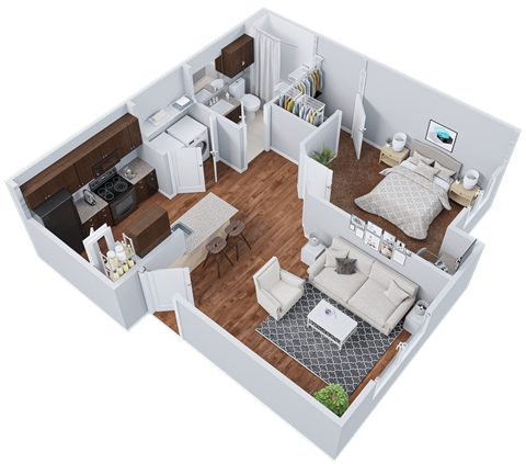 a 3d floor plan of a bedroom and living room